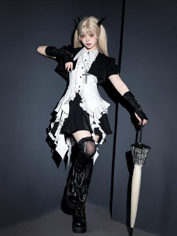 Designer's Gift - Shard Gem - Gothic Lolita Skirt Suit with Pointed-Collar Sleeveless Shirt - full outfit styling view