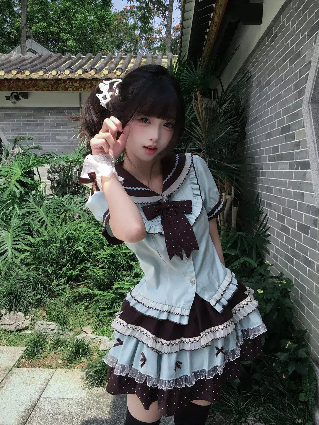 Creamy - Academy Bow - Top and short skirt set with a sailor collar and bow