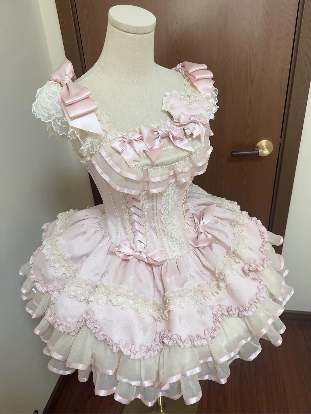 Creamy - Pink Ribbon JSK - Pink JSK Dress with Satin Ribbons and Heart Detail