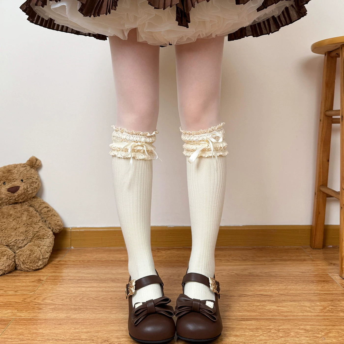Chubby Bear Tales - Caramel Cocoa - Lace Bow Calf and Over-the-Knee Socks