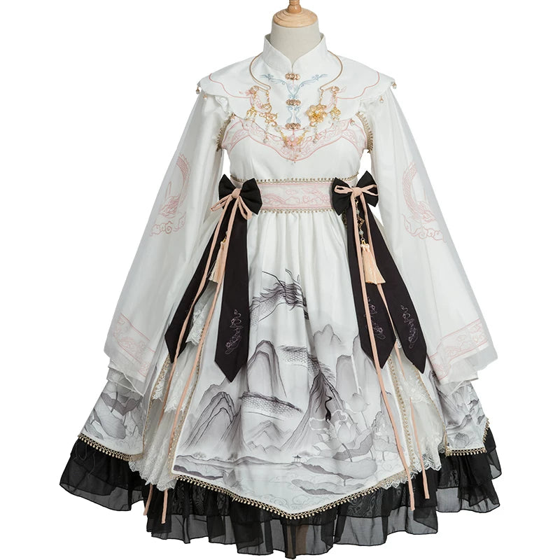 Leopard Cat OP dress by Lolita Fetch featuring a long sleeve design with traditional Qi style and Lingyin poem print.