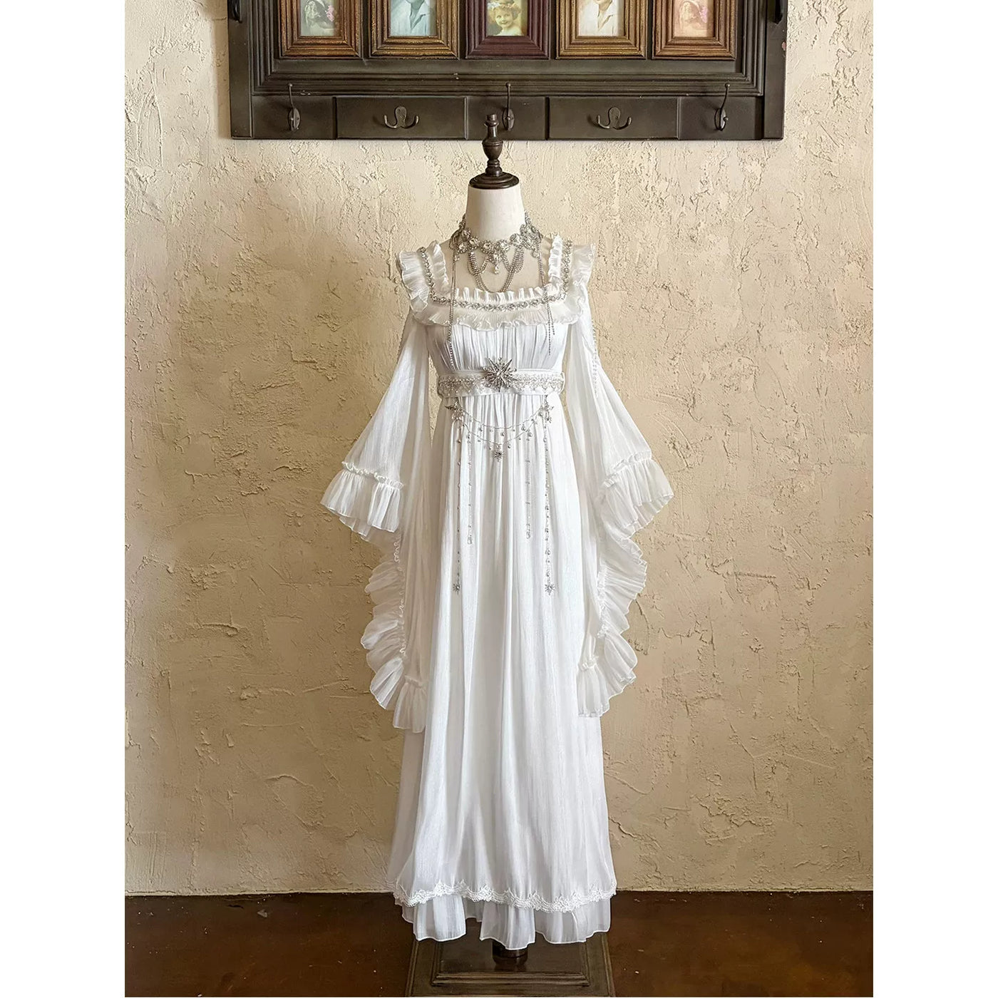 Creamy - Vintage Empire - White Long OP Dress with Ruffled Sleeves