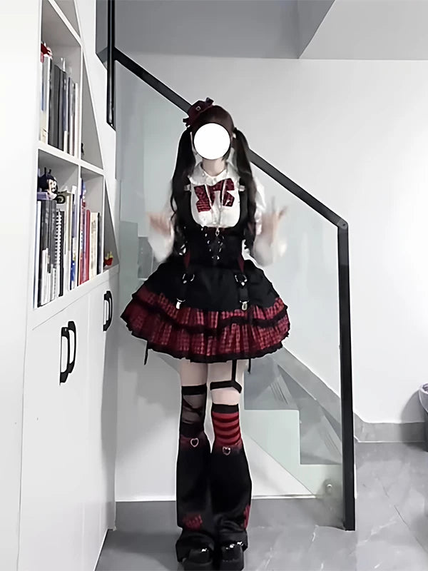 Creamy - Rock Idol - Lolita Fashion Set with a Black Vest and Red Plaid Half Skirt