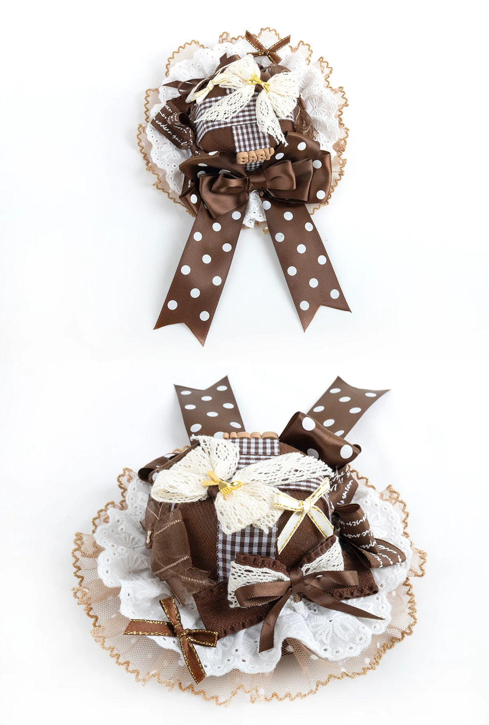Lightbound Narrative chocolate-brown polka-dot lace headwear with bows