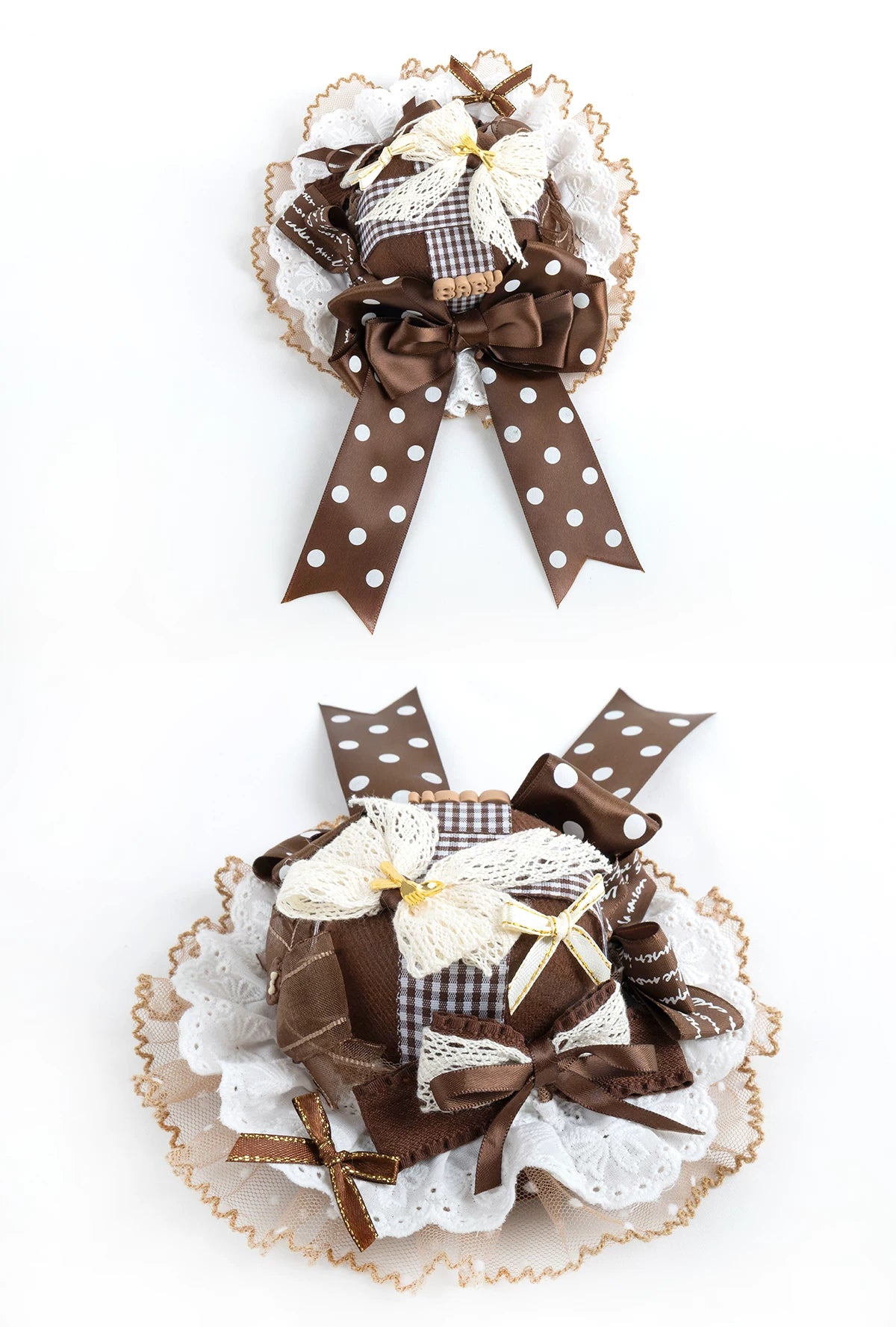 Lightbound Narrative chocolate-brown polka-dot lace headwear with bows