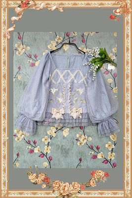 Melaleuca Lily - Embroidery Country Lolita Blouse and Skirt M blue blouse blue net yarn