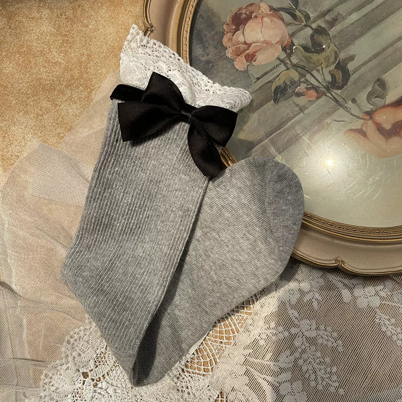 Sock Noble - Soft Girl - Vertical-Stripe Mid-Calf Scrunch Socks with Bows