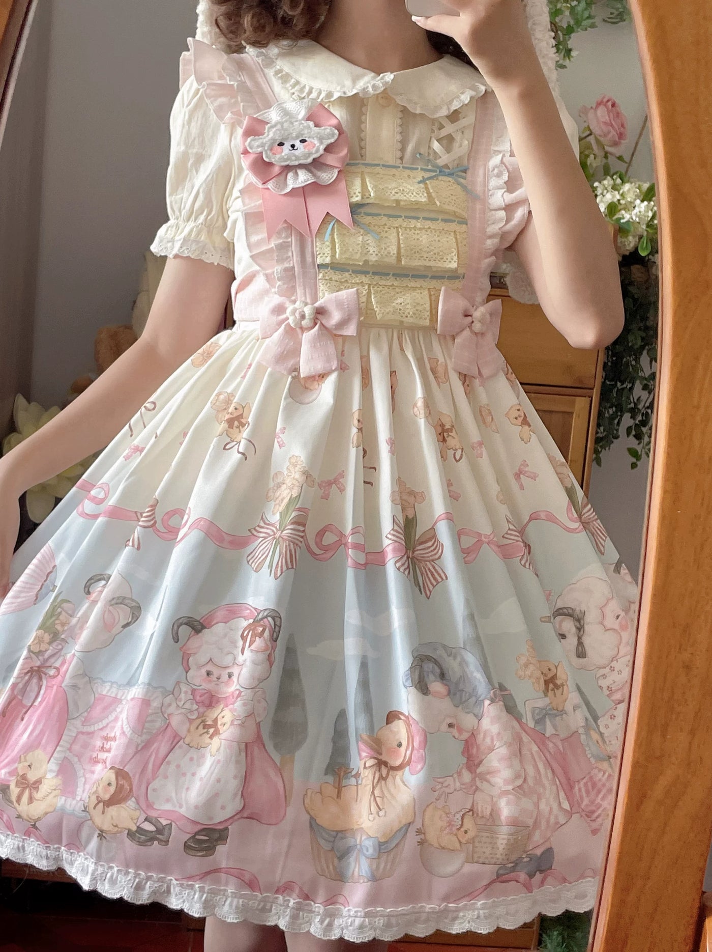Cat Upon Cat - Sheep Waltz - Printed JSK with a Lace-Trimmed Hem