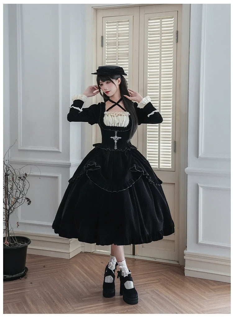 With PUJI - Apocalypse - Gothic Lolita Velvet OP Dress Set, Fishbone Waist