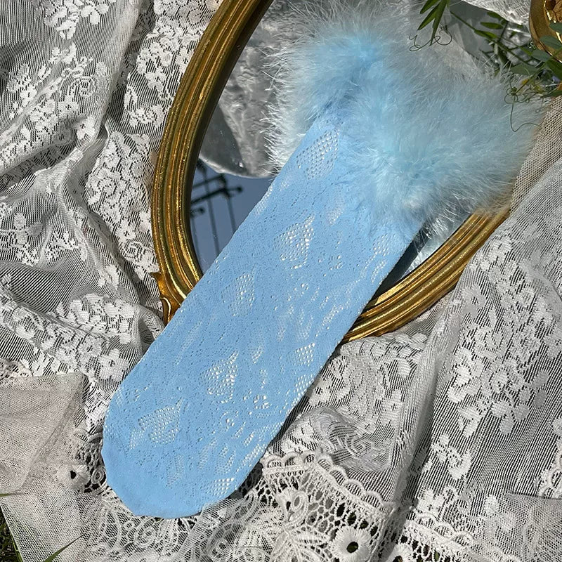 Green Y2K lolita lace mid-calf sock with feather trim