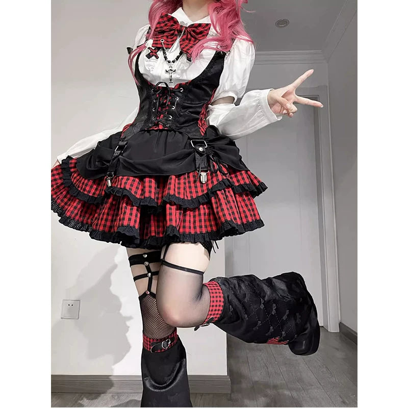 Creamy - American School Rock - Lolita fashion set with a black-and-red plaid skirt