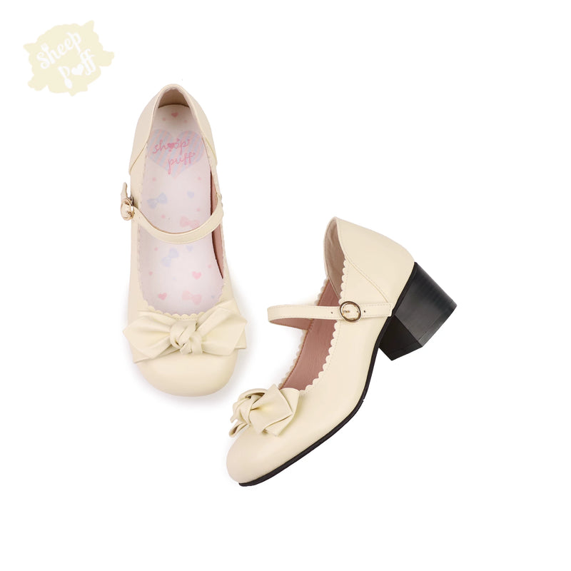 Sheep Puff rounded bow Macaron Lolita shoes featuring soft pastel colors, playful sheep puff design, and rounded toe style.