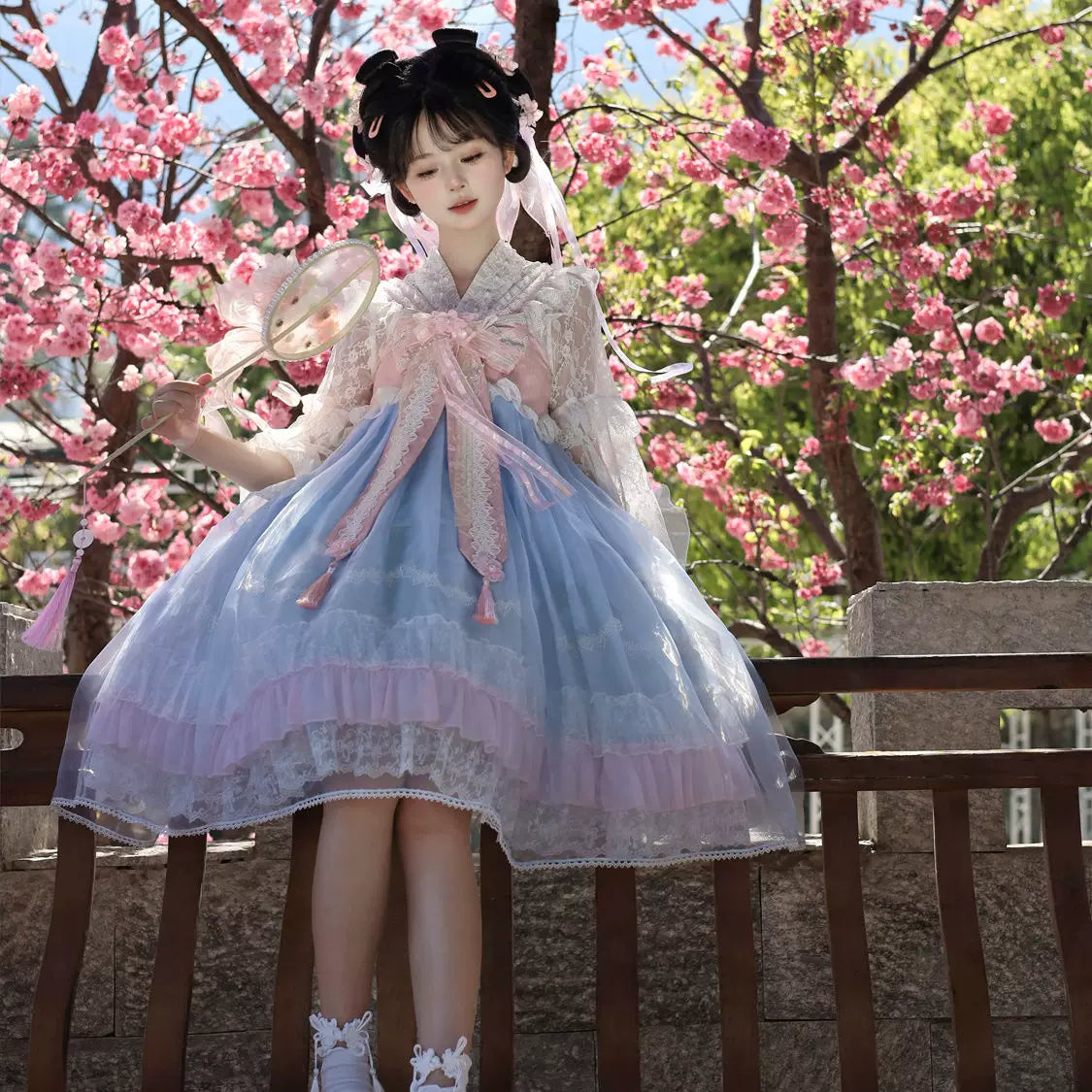 Lady Han Peach Spring Chinese JSK dress by Lolita Fetch, featuring floral patterns and traditional design details.