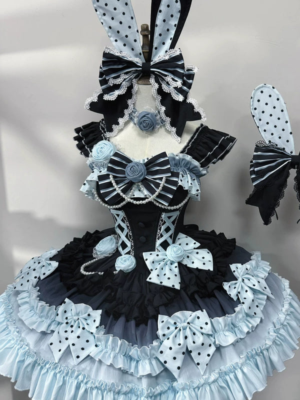 Dessert Babalya Sweet Lolita dress set in Future colorway with polka dot tiered skirt and coordinated accessories