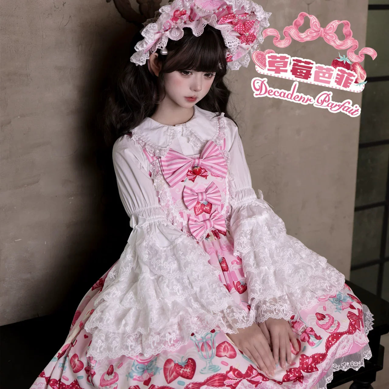 Cat Upon Cat - Strawberry Parfait - Strawberry-Print Lolita Dress with Lace-Trimmed Bows - option image