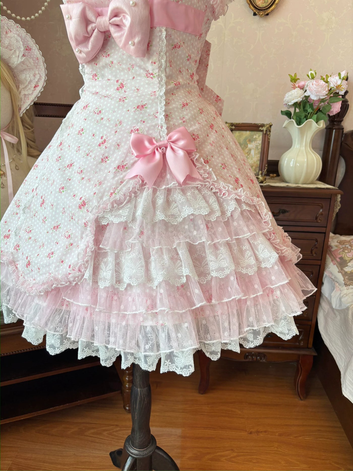 Strawberry Sweetie Bear - Spring Bud - Old School Lolita Floral Print JSK Dress, Layered Skirt