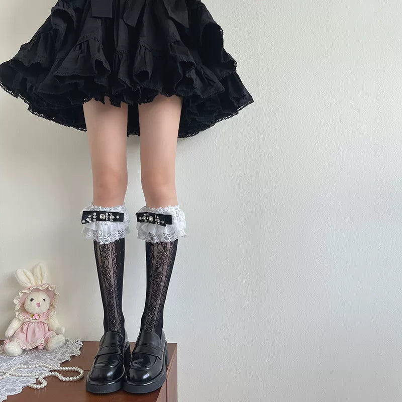 Sock Noble - Midnight Sparkle - Black Lace Mid-Calf Socks with Rhinestone Bow