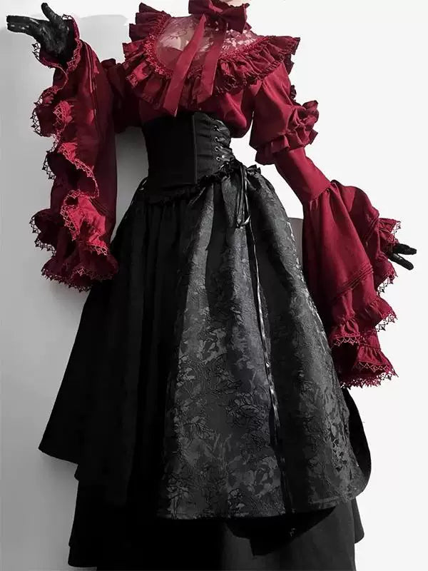 Creamy - Gothic Red & Black - Red Blouse and Skirt Set with Layered Ruffles