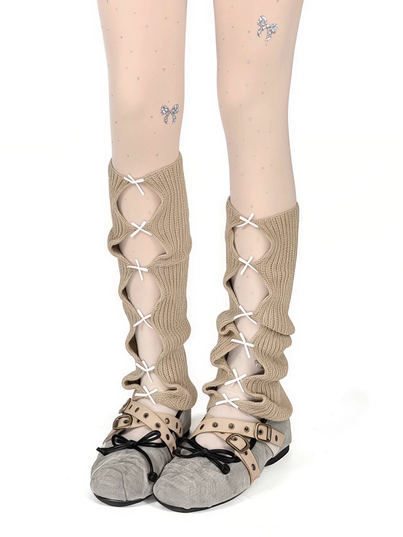 Oatmeal slouch socks with ribbon bows shown on mannequin legs.