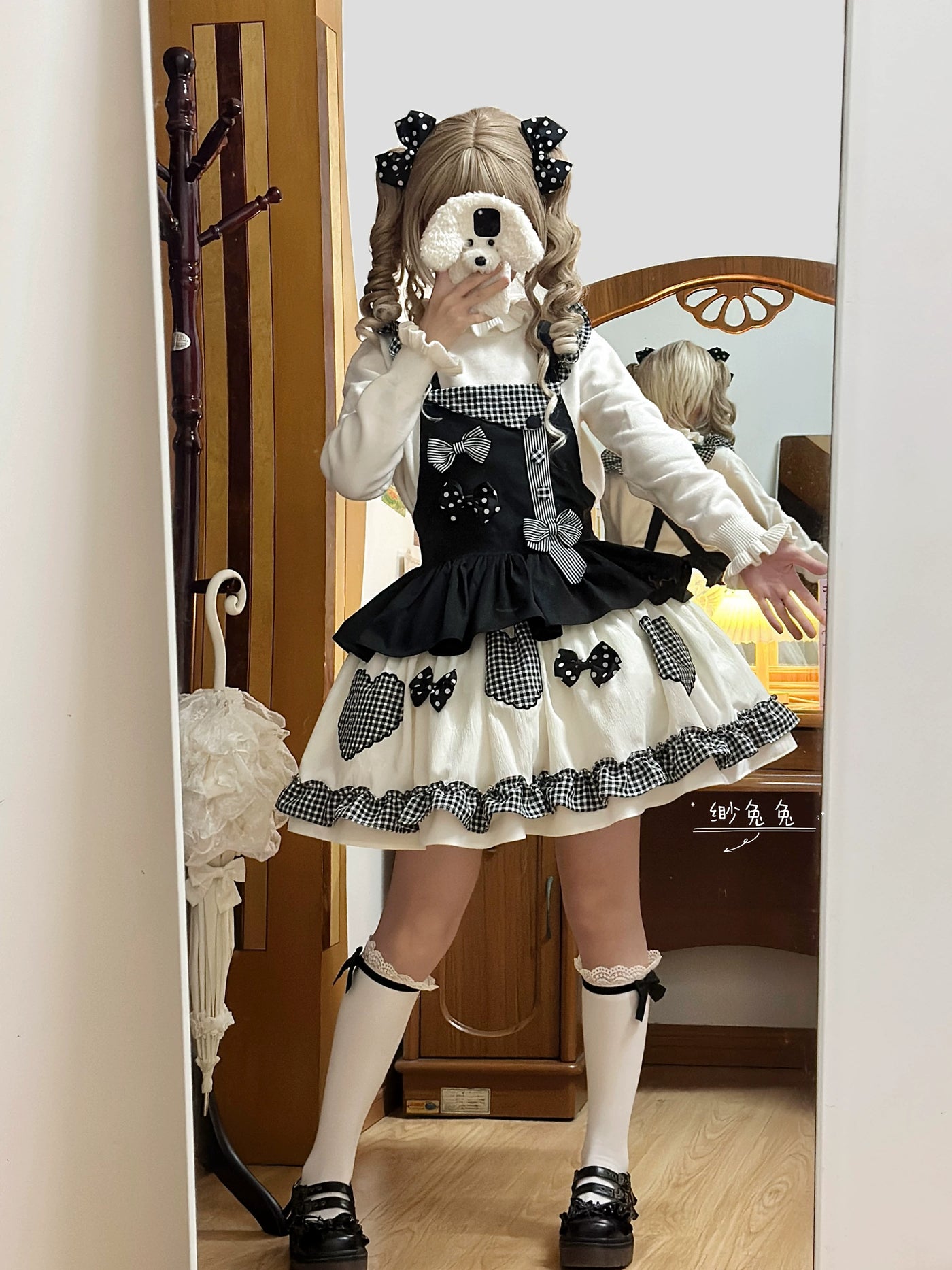 Burgundy Sweet Lolita jumper skirt with gingham trim and bodice bows