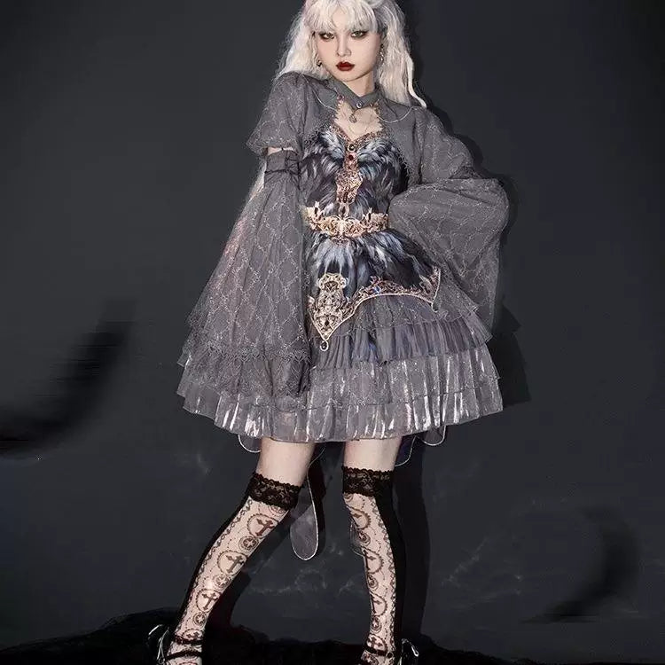Sweetheart Dream Machine - Swan Dance Grey Feather - Grey Layered One-Piece Dress with Optional Shawl