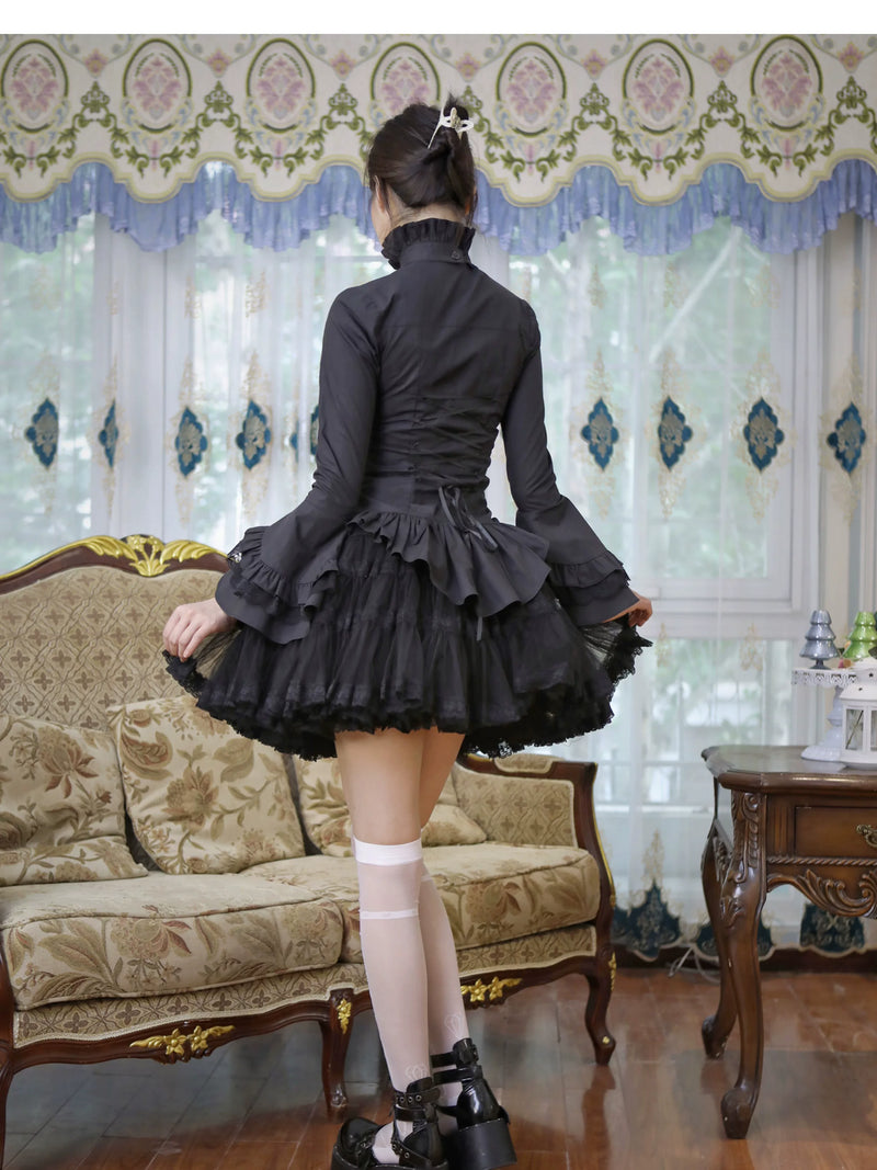 LACE GARDEN - Black Angel - Blouse with Ruffled Collar and Flared Sleeves