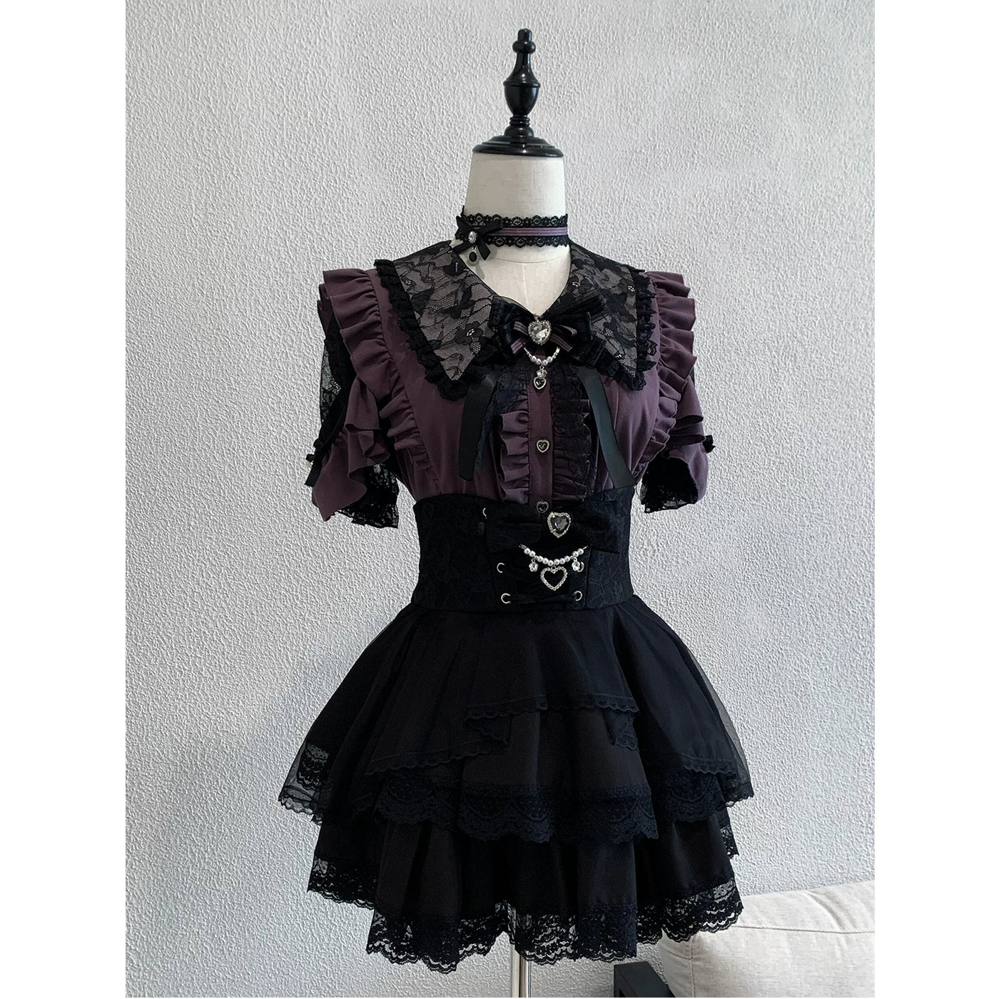 Creamy - Purple Noir - Blouse and Skirt Set with a Lace Collar