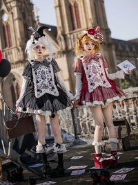 With PUJI - Puppet Mask - Clown Inspired Gothic Lolita OP Dress, Loose Fit - 小丑红色op4点set(小丑红色op+挡片+蝴蝶结+腰带) 现货 / S