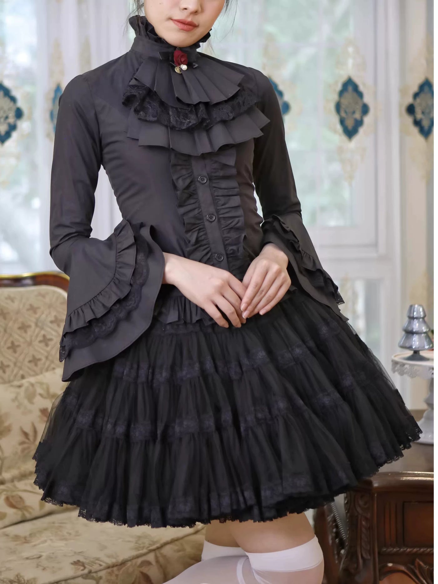 LACE GARDEN - Black Angel - Blouse with Ruffled Collar and Flared Sleeves