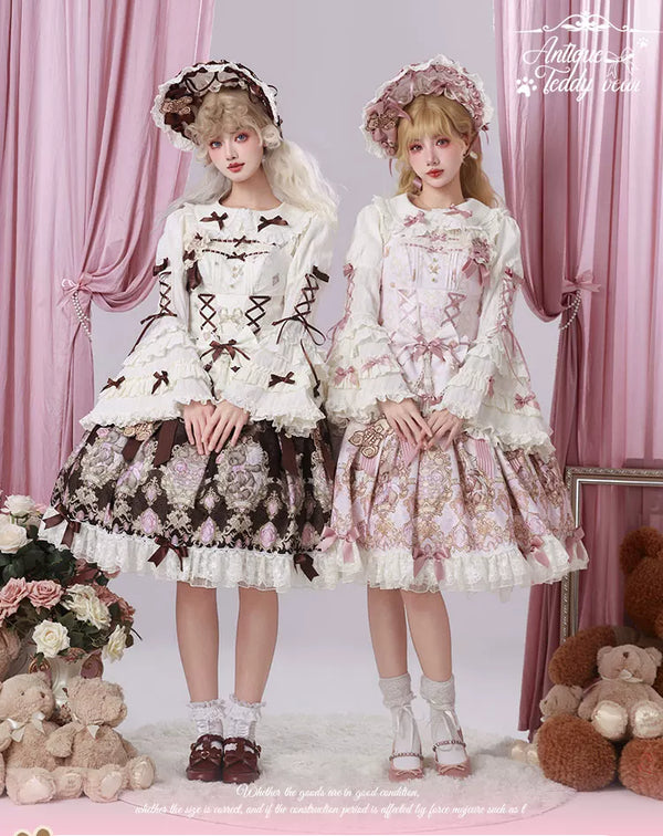 OCELOT - Antique Teddy Bear - Classic Lolita Printed JSK Dress with Ribbon Bows