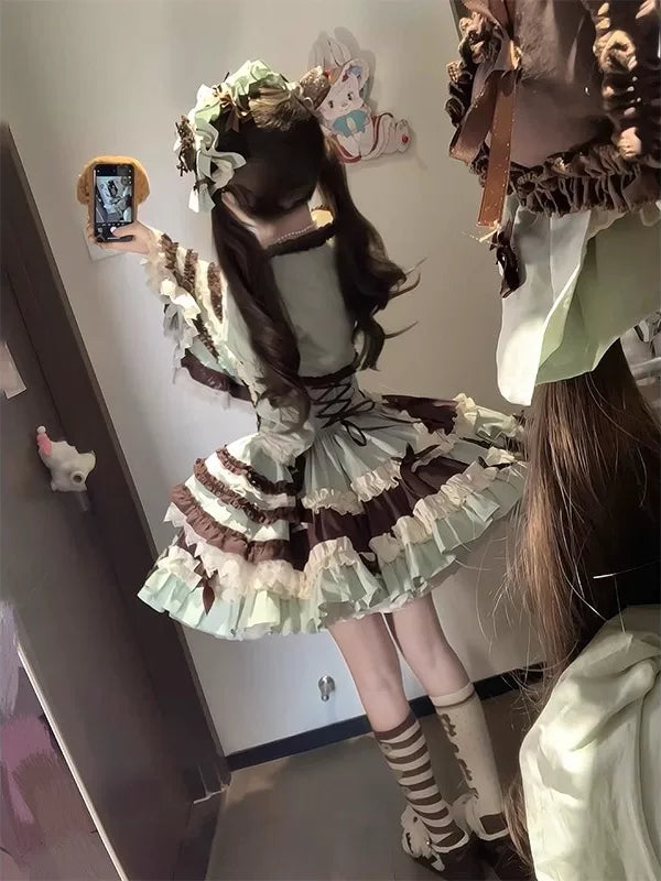 Creamy - Mint Chocolate - JSK Dress and Hime-Sleeve Vest Set with Layered Ruffles