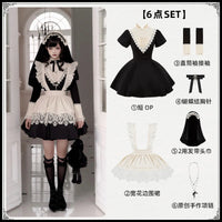 With PUJI - Nocturnes - Gothic Lolita OP Dress, Detachable Styling - Short 6-piece set (short OP + straight sleeves + wide lace apron + headband scarf + brooch + necklace), pre-sale, shipping gradually from October 25 / S