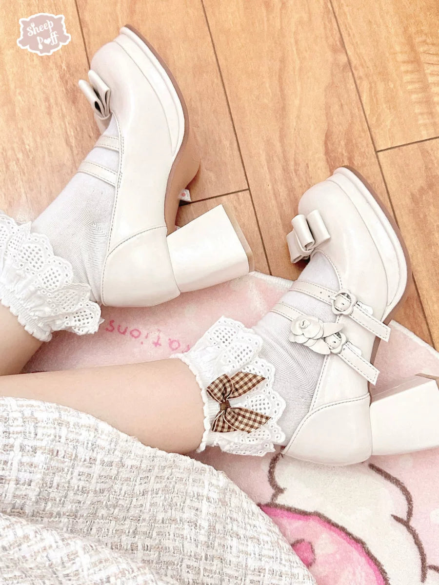 Sheep Puff Camellia Tea Lolita heels, elegant shoes with floral detailing, featuring a classic design and pastel color accents.