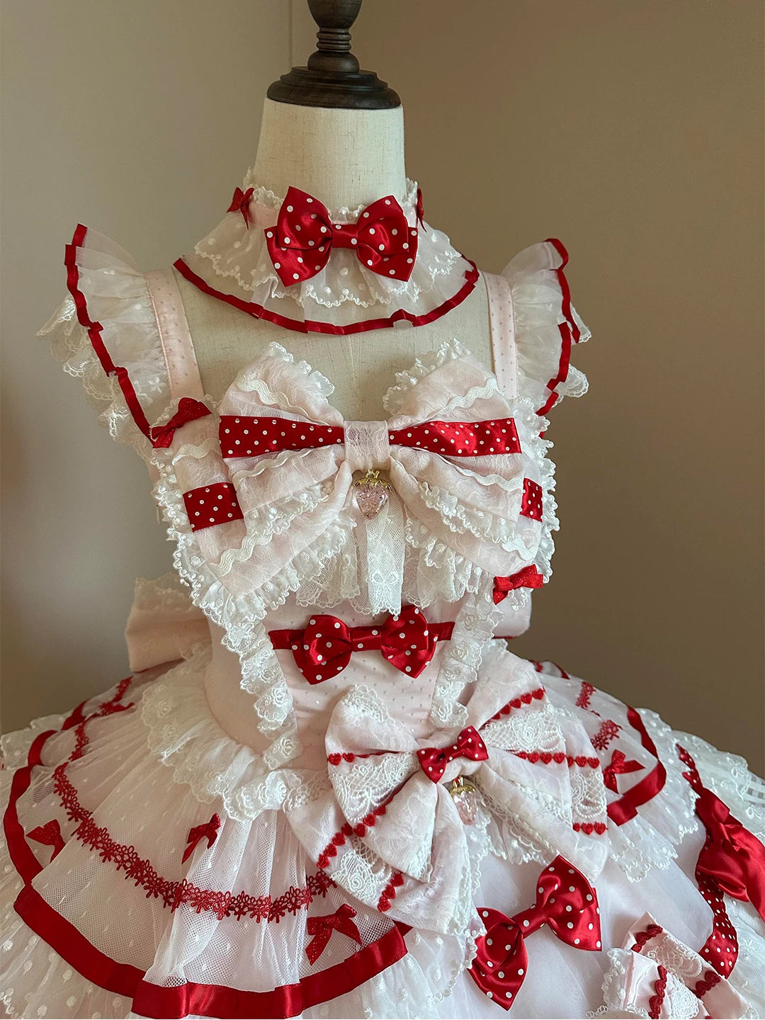 Creamy - Red Strawberry - White JSK Set with Trailing Bow