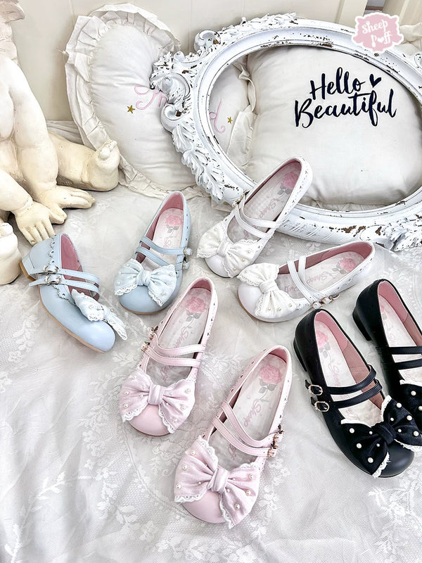Sheep Puff Pearl Sugar Lolita Shoes featuring white shoes with pearl and sugar detail, designed for a stylish Lolita fashion look.