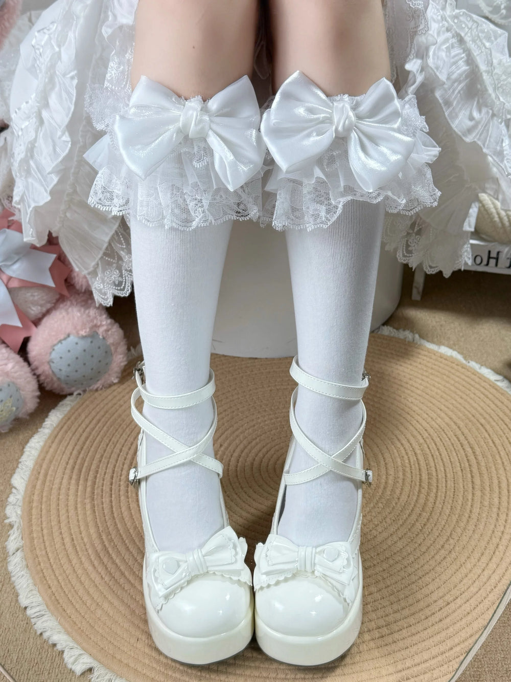 Fantasy Doll white calf-length socks with lace cuffs and satin bows