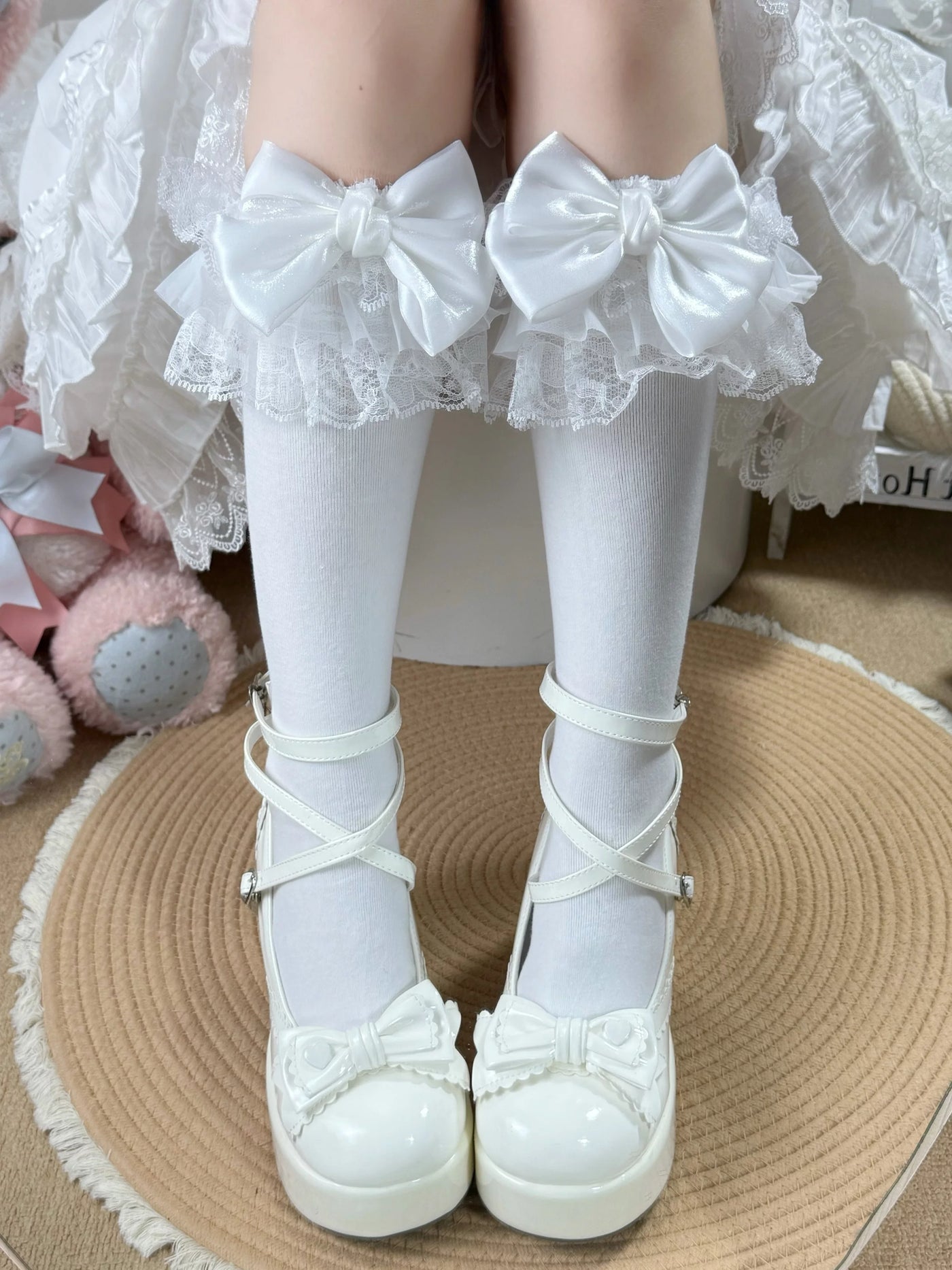 Fantasy Doll white calf-length socks with lace cuffs and satin bows