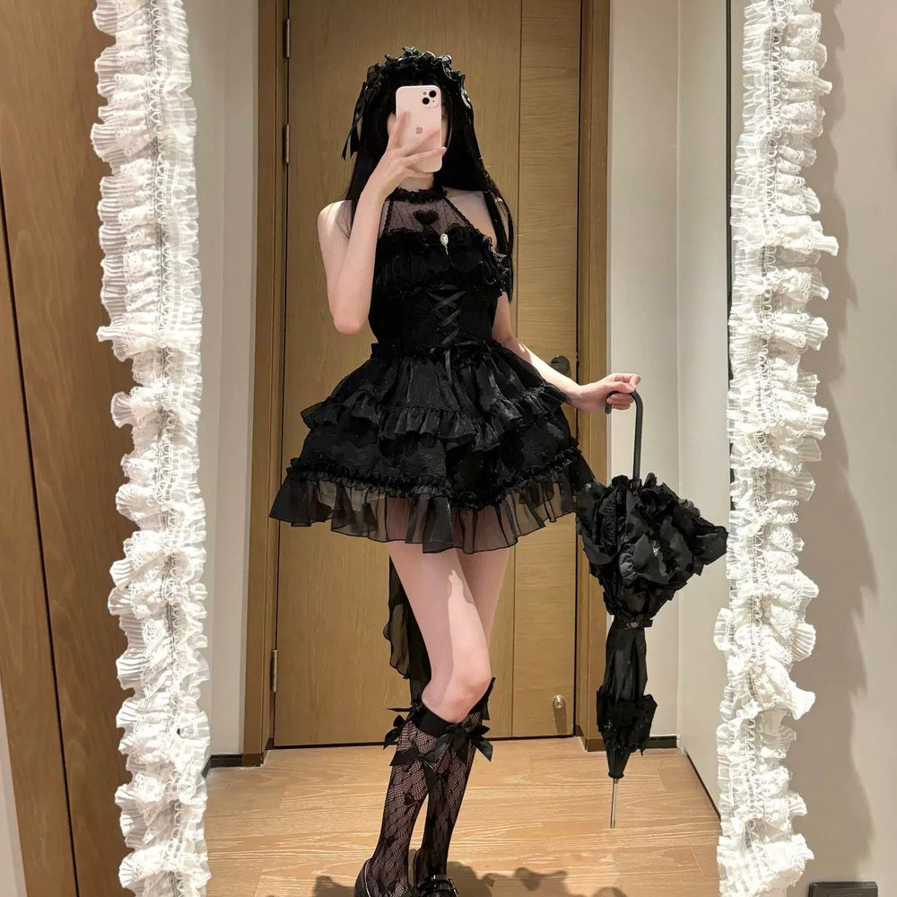Halter-neck Lolita OP dress with heart-detail yoke, bow and gathered ruffles