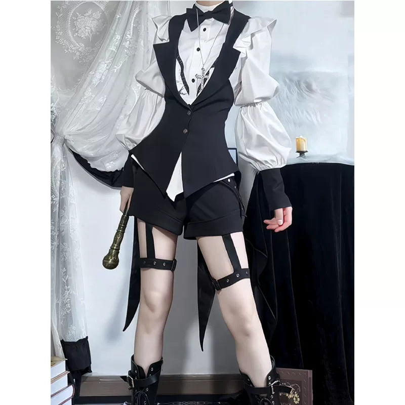 Black-and-white prince-style blouse, vest and shorts set with a bow-tie shirt