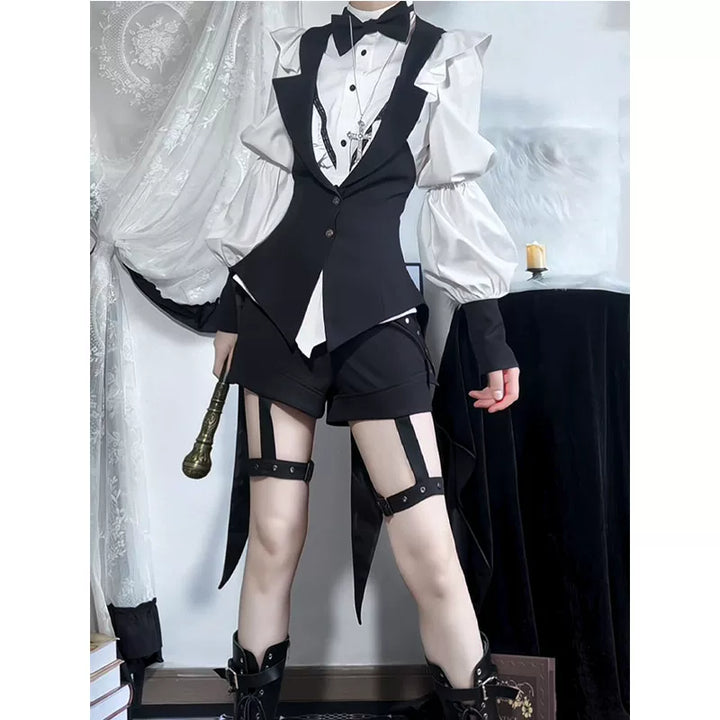 Black-and-white prince-style blouse, vest and shorts set with a bow-tie shirt