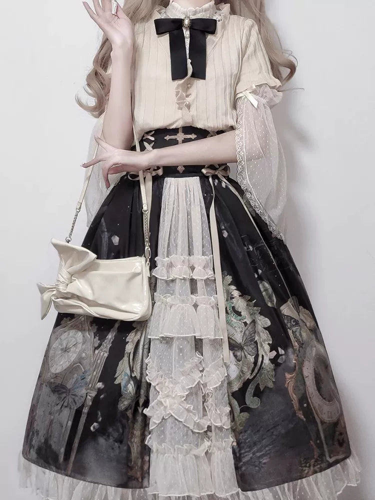 Your Princess - Clock Butterfly - Gothic Lolita Printed Blouse and Corset Skirt Set