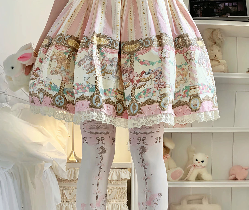 Carousel-print tights with horse, bow and star motifs in pastel, natural and black colourways.