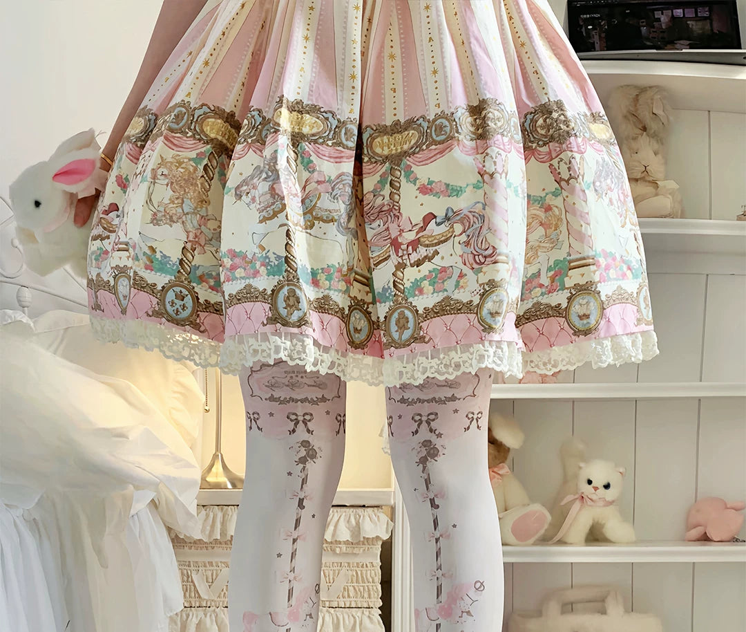 Carousel-print tights with horse, bow and star motifs in pastel, natural and black colourways.