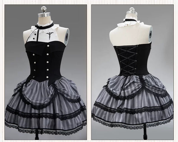 Baozi Pig Witch's Shop black and gray striped Gothic dress