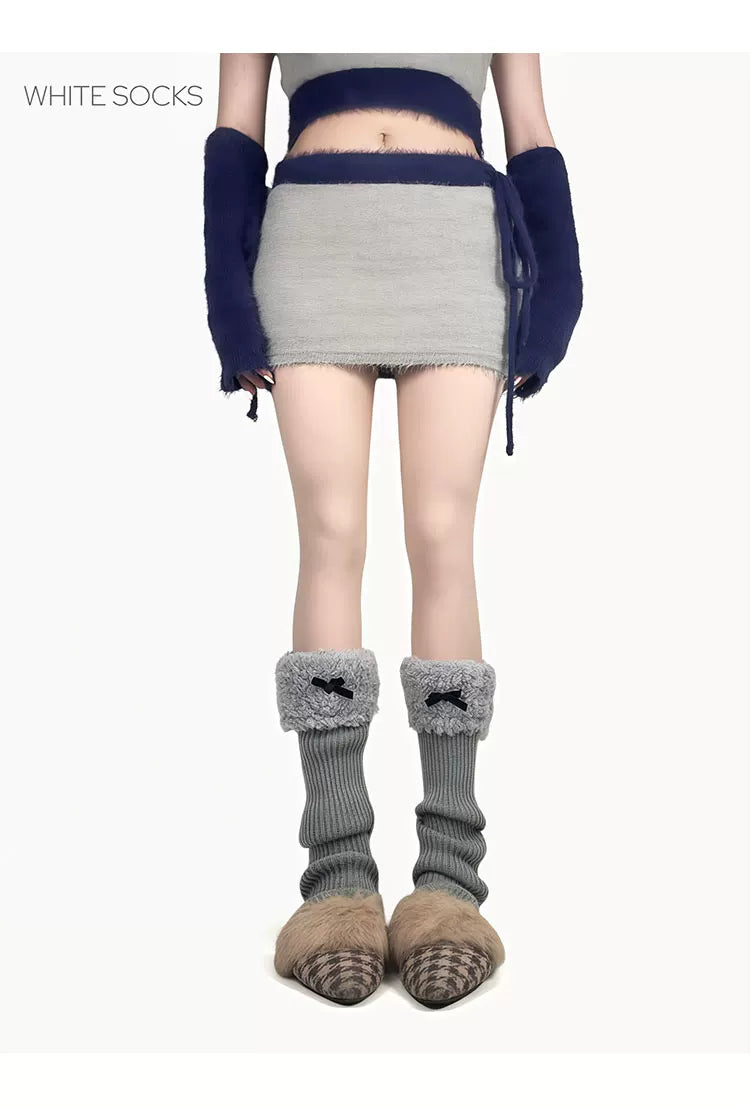 White Socks - Fleece Bow - Stirrup Knit Leg Warmers with Fleece Cuffs