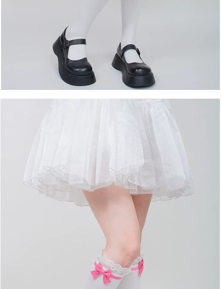 roji roji - Doll Bow Lace - Black or Pink Lace-Trimmed Socks in Three Lengths