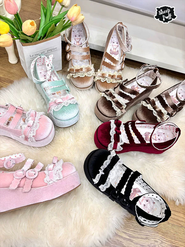 Sheep Puff Tiramisu Velvet Platform Lolita Shoes featuring a rounded toe, platform sole, and intricate velvet detailing.