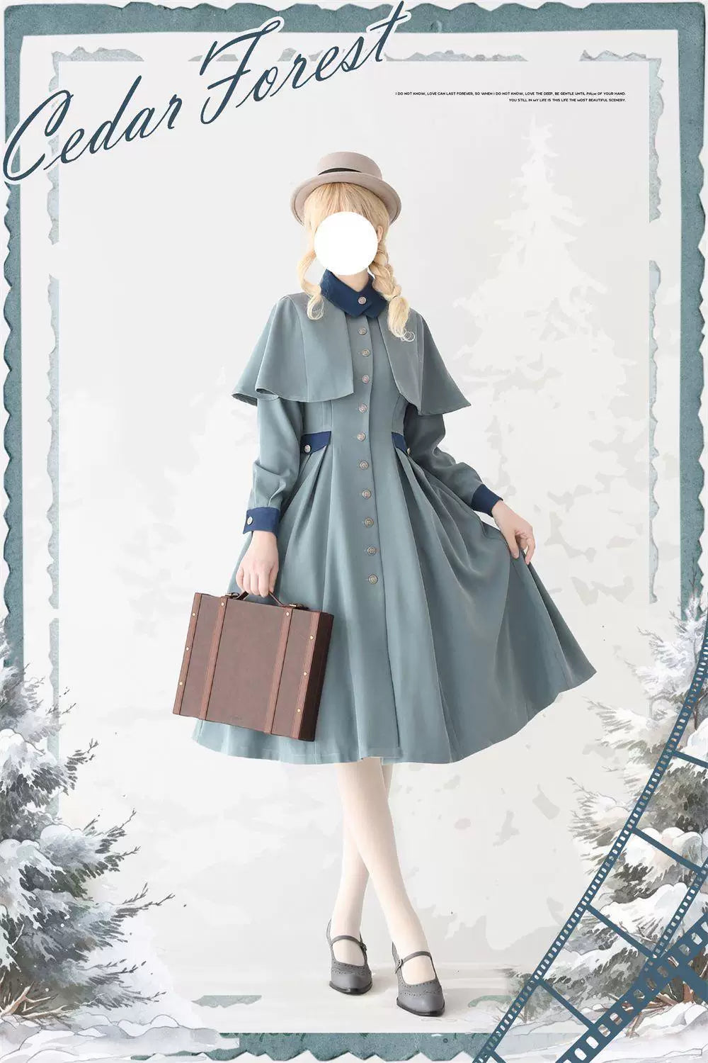 Sweetheart Dream Machine - Cedar Forest - Gray-Blue Lolita Coat with a Capelet Collar and Button Front