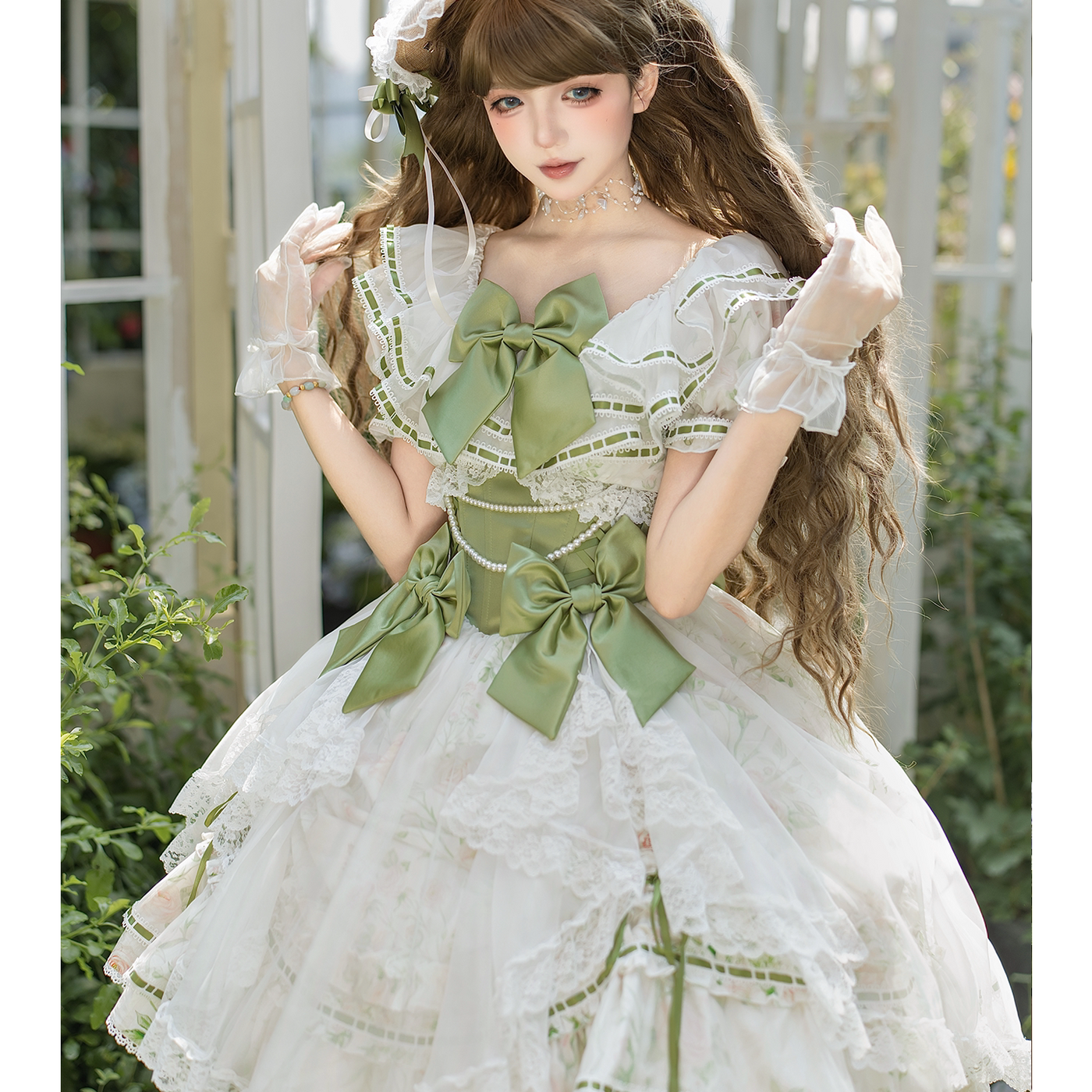 rosedecheese - Aphrodite's Spring - Green-and-White Long Skirt with Botanical Print