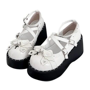 BONDORA - Devil Cross - Black or white Punk Lolita platform shoes with bow and cross-shaped accents